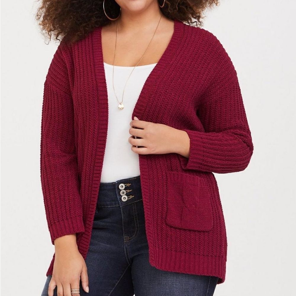TORRID Red Metallic Lurex Knit Cardigan Raspberry Open Long Sweater 1X
